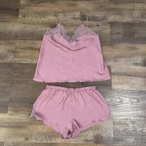 Victoria’s Secret Pink Satin Lace Trim Pajama Set XS Cami Shorts Coquette STAIN